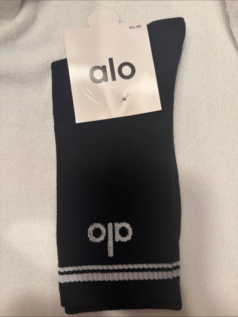 ALO Yoga Black Crew Socks with White Logo and Double Stripes